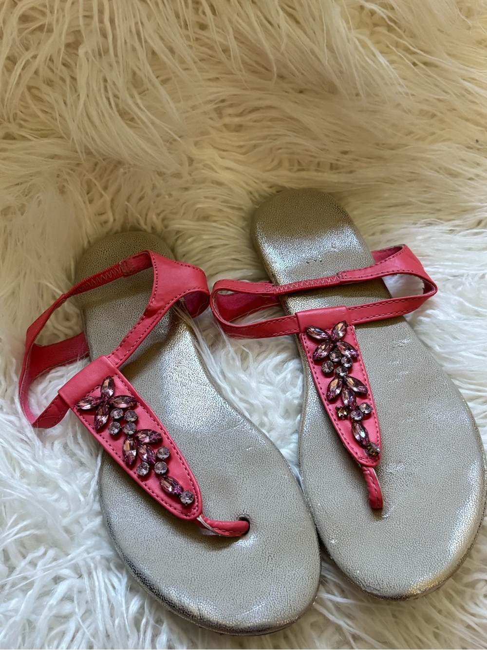 Women's Pink Jeweled T-Strap Sandals